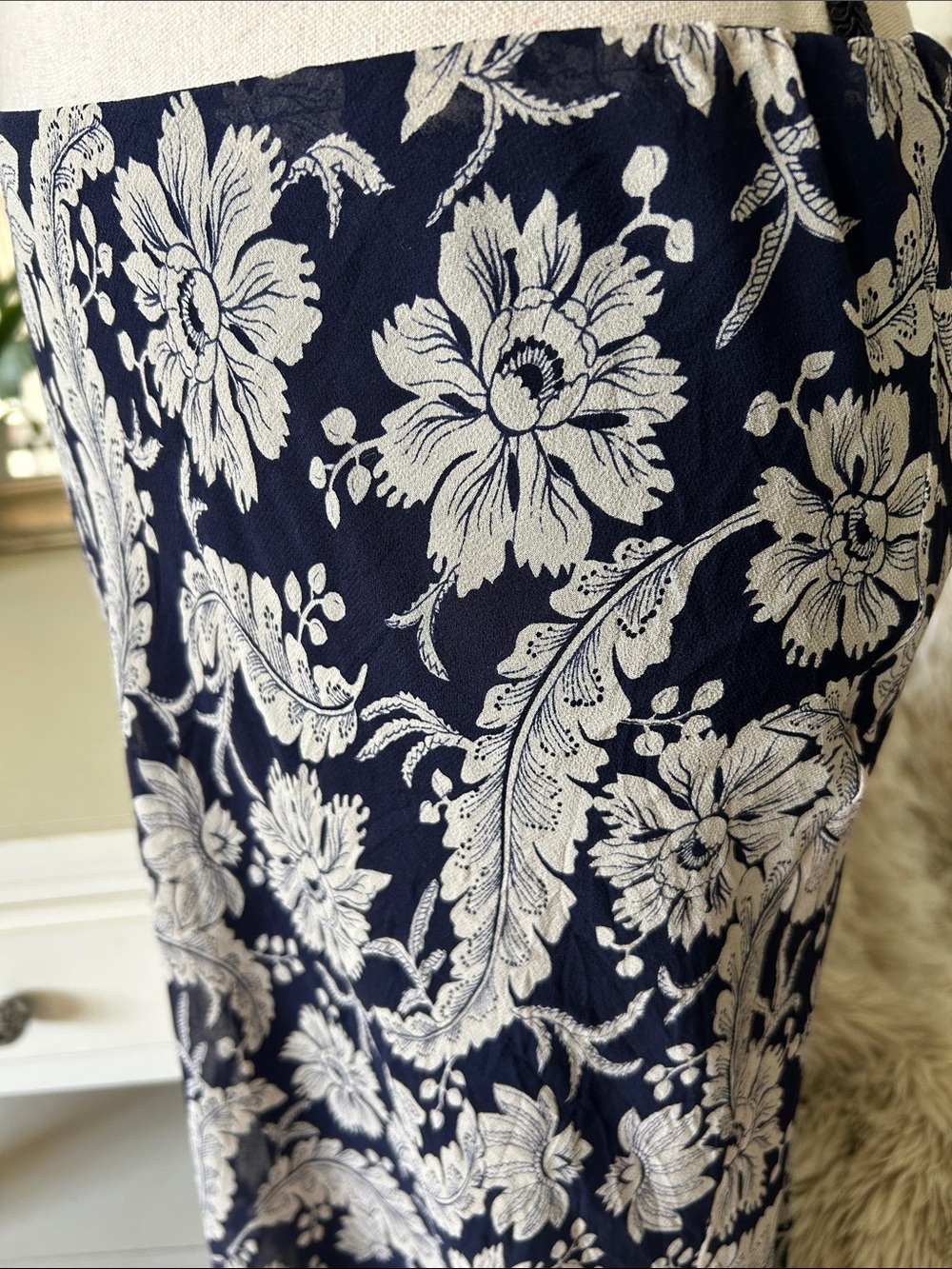Ralph Lauren Vtg navy beige boho western country floral pull on midi skirt 10 L - Picture 4 of 13